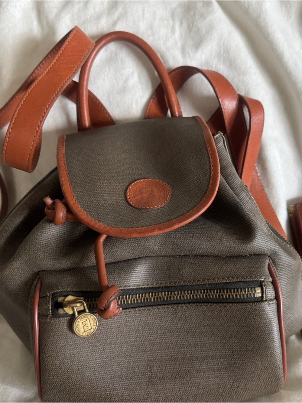 Fendi Brown Canvas Backpack with Tan Leather Trim